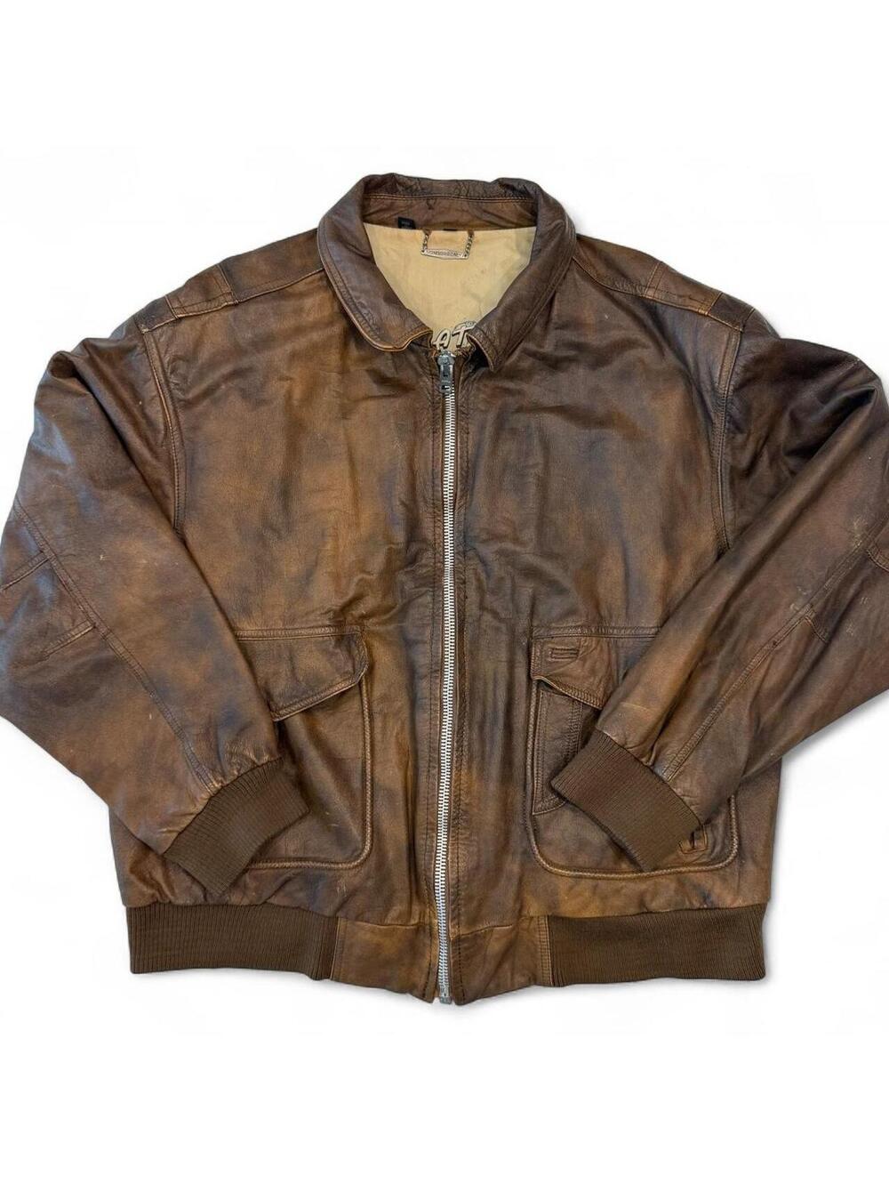 Members Only “Great Horizons Express” Genuine Leather Bomber Jacket